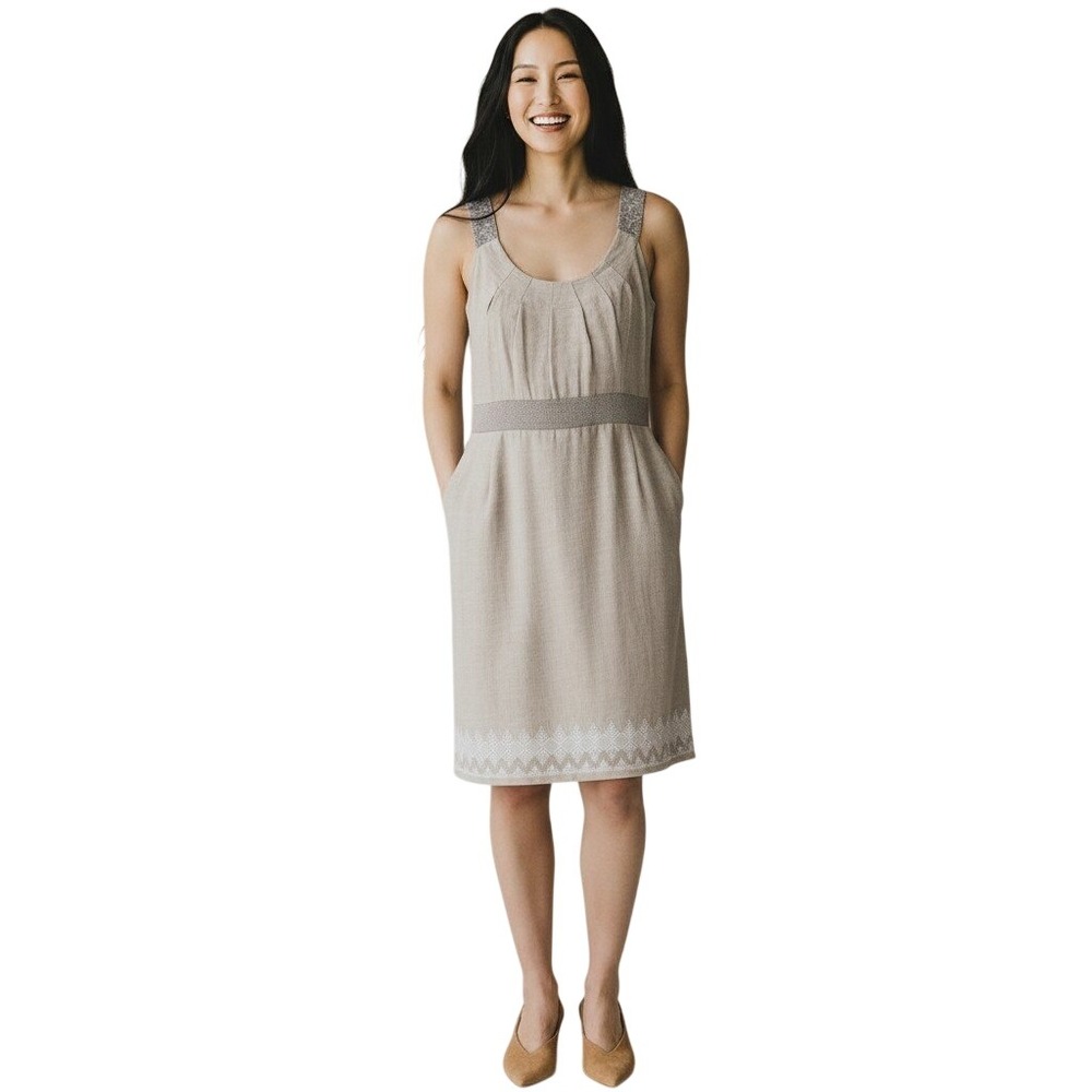 Bebe Linen Blend‎ Sheath Dress Lace Trim Sheer Waist Band Tan Size 8
